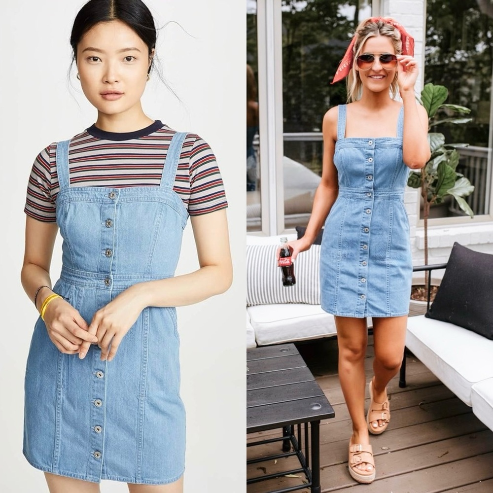 JILL STUART‎ Denim Embroidered Logo Square Neck Sleeveless Button Front Dress M